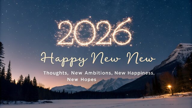 Happy New Year 2026 With New Thoughts, New Ambitions, New Happiness And New Hopes On Winter Landscape Background.

