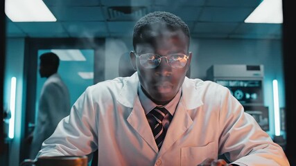 Male scientist or hacker works on a computer in a dark lab. This focused man in a lab coat is working intently. A scientist or hacker is concentrating on his work at a computer in a smoky room. - Powered by Adobe
