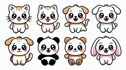 Fototapeta premium Cute cartoon animal characters kawaii cat dog panda and bunny collection perfect for childrens illustrations and playful designs