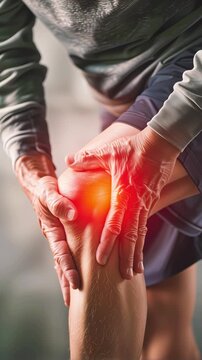 Senior person holding painful knee with inflammation and joint discomfort