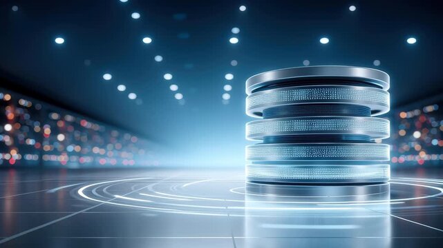 Futuristic data storage security server stack glowing blue lights with holographic database storage
