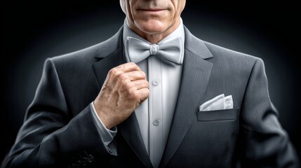 A dapper gentleman adjusts his bow tie, showcasing the art of classic style and elegance in a formal setting
