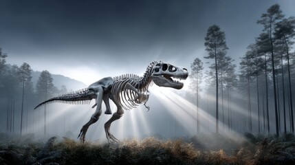 A skeletal T. Rex emerges from the mist, illuminated by soft rays of light filtering through the trees