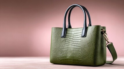 Elegant green handbag with crocodile faux texture, exuding luxury and sophistication in a serene setting
