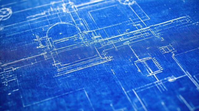 Detailed technical blueprint engineering plan architectural design white lines on blue background
