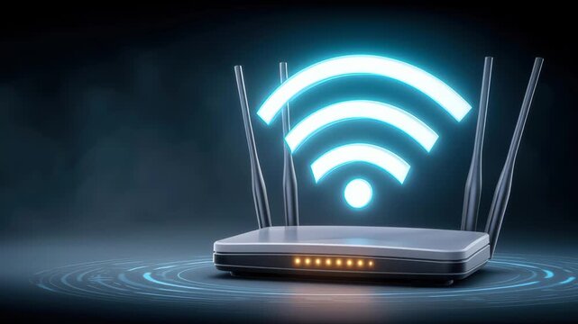 Modern wireless router glowing wifi signal table with network modem security wireless signal