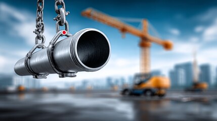 A metal pipe dangles from chains at a busy construction site, surrounded by cranes and machinery below a bright sky