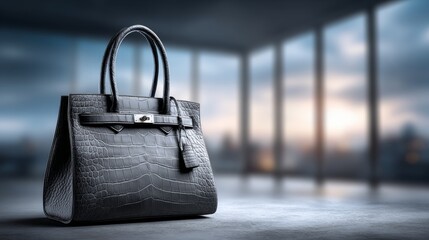 A sleek black crocodile handbag stands gracefully in a stylish interior, illuminated by a warm sunset glow