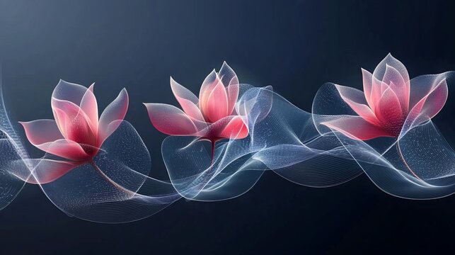 Glowing Lotus Flowers in Abstract Wave, Dark Background, Spa Design