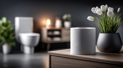 Fresh white flowers in a modern vase blend perfectly with essential bathroom supplies, creating an inviting ambiance