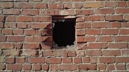Fototapeta premium Broken window in old brick wall texture damage and decay