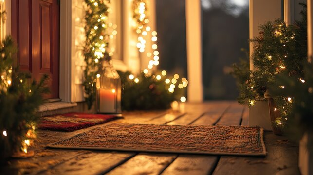 Festive doormat and cozy front porch .