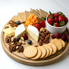 Elegant cheese platter with crackers, nuts, strawberries, raspberries, blueberries, and assorted cheeses.