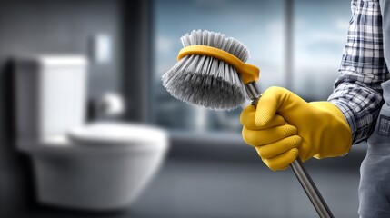 Bright yellow gloves grasp a toilet brush, showcasing a commitment to sanitation in a stylish, contemporary restroom
