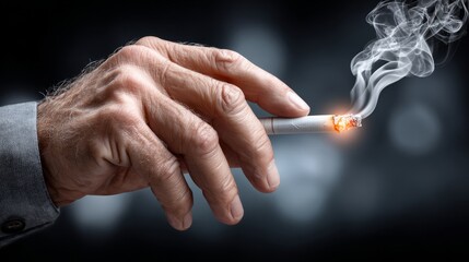 A hand holds a glowing cigarette, smoke curling into the air, inviting a moment of reflection