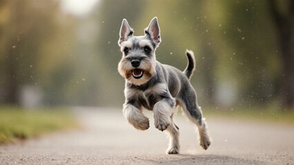  Happy Miniature Schnauzer running on sidewalk