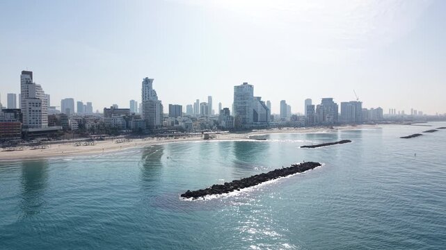 Aerial Drone Shot Approaching Tel Aviv Coastline From the Sea