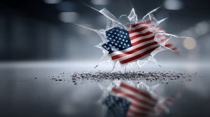 An American flag bursts through shattered glass, symbolizing resilience and freedom in a bold, striking moment