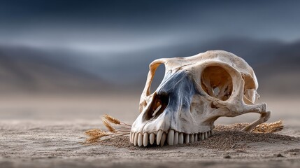 A skull lies in warm desert sand, surrounded by golden wheat, evoking tranquility and ancient tales