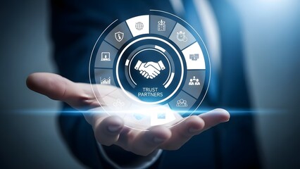 Businessman holding a futuristic zodiac wheel with astrological symbols