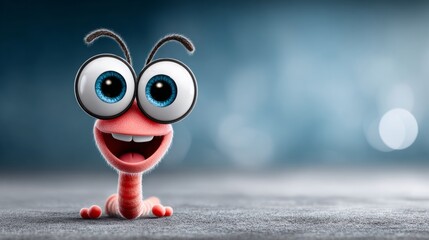 A cheerful cartoon worm with big eyes and a playful grin stands out against a soft, blurred background