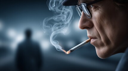 A lone man reflects, smoke curling from his cigarette, cloaked in mystery on a quiet street
