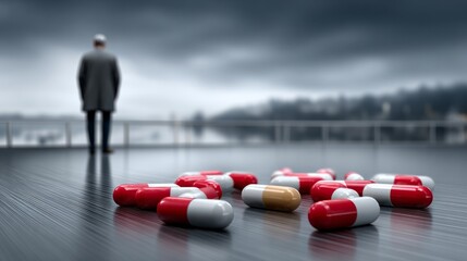 A lone figure stands at the edge, reflecting on life amid scattered capsules, hinting at silent struggles