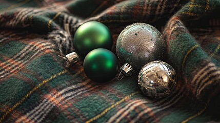 Green and silver baubles resting on a tartan wool blanket. .