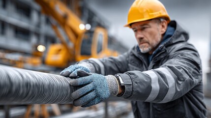 A dedicated worker meticulously handles materials at a construction site, emphasizing craftsmanship and focus