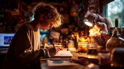 A Young Artist Deep in Concentration, Captured in Two Frames of a Creative Moment at Their Inspiring Workspace Surrounded by Colorful Art Supplies and Warm Light