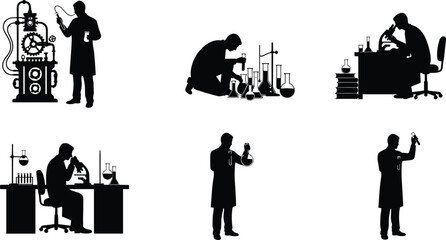 Scientist laboratory silhouettes, chemistry research workflow, vintage science equipment, experiment analysis, innovation concept, education illustration, black silhouette set, isolated white 