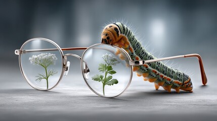 Glasses feature a lush green world with delicate flowers, while a vibrant caterpillar explores this magical scene