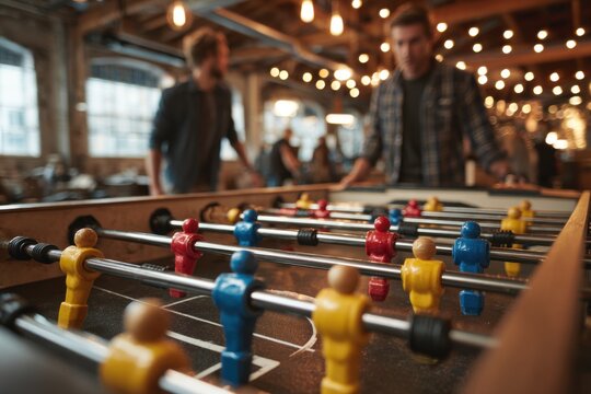 Friends intensely playing foosball in game room