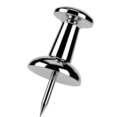 A shiny silver push pin isolated against a stark black background