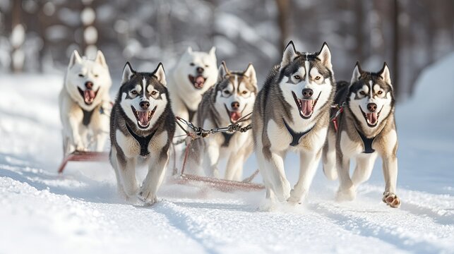 Husky sledding adventure through snowy forests, snow-covered ground, and excited dogs pulling sleds. .