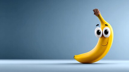 A cheerful banana character with big eyes and a smile radiates joy in a vibrant setting