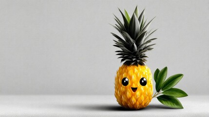 A cheerful pineapple with big eyes and a smile adds playfulness to the greenery around it