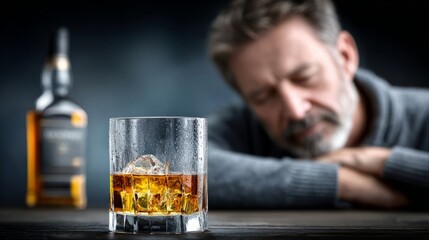 A glass of whiskey sits on a table as a man reflects nearby, evoking contemplation and nostalgia