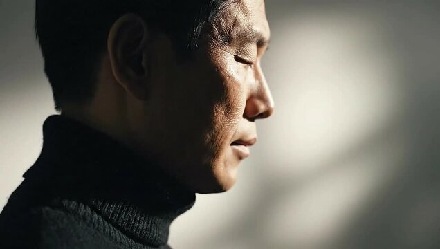 Profile portrait of mature asian man with eyes closed in contemplation or meditation, dramatic lighting
