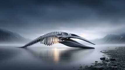 A striking whale skeleton lies gracefully on the calm shore, surrounded by mist and mountains as dusk approaches