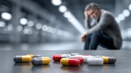 A man sits in contemplation, burdened by thoughts, as vibrant capsules lay scattered on the surface near him