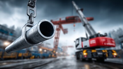 A metal pipe dangles from a crane at a busy construction site under cloudy skies, with machinery nearby
