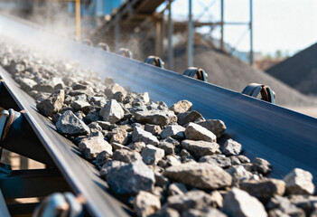 A close-up image of a moving conveyor belt transporting a collection of crushed rocks and gravel in an industrial setting with a visible blur indicating motion and background machinery