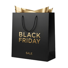 Black Friday shopping bag with gold ribbon isolated on transparent background