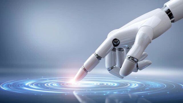 Robotic finger touches glowing data security interface hologram creating futuristic network ripple