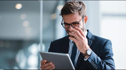 Smiling businessman in glasses holding a tablet computer in a modern office environment - Powered by Adobe
