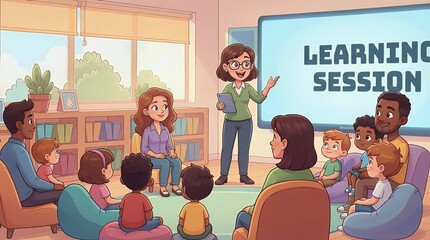 Educational illustration of teacher and students in learning environment - Powered by Adobe