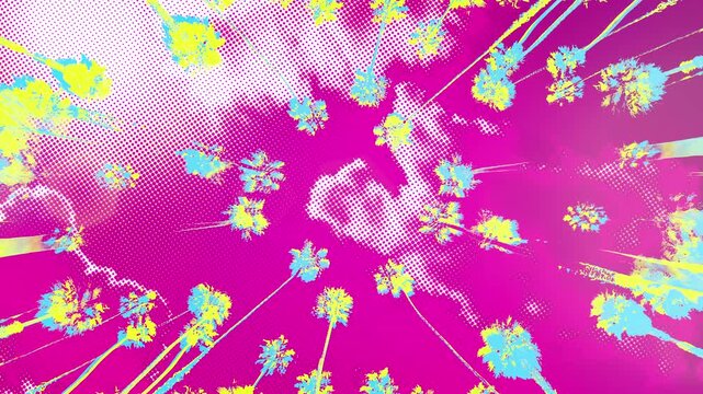 Palm trees colored blue and yellow set against a hot pink background with pop art time lapse clouds and sun.