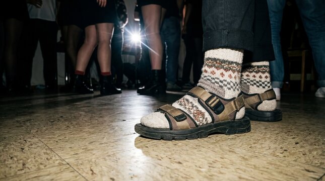 Low Angle View of Person Wearing Wool Socks and Sandals at Party