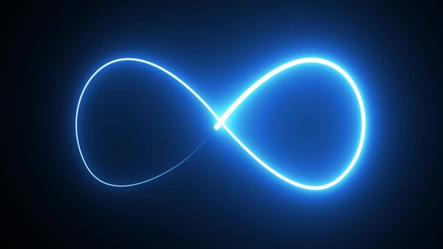 Glowing neon Blue Infinity symbol icon Animation on Black Background. infinity icon animation. Glowing infinity loop, neon energy flow in darkness. Eternity concept.